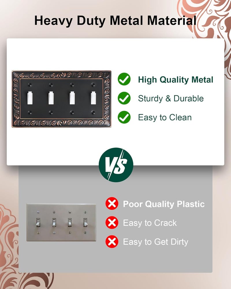 treewell 2-Pack Quad Toggle Light Switch Cover Plate, 4 Gang Metal Switch Plate Covers, Paisley Pattern Decorative Wall Plates, Corrosion Resistant, Aged Bronze - Image 4